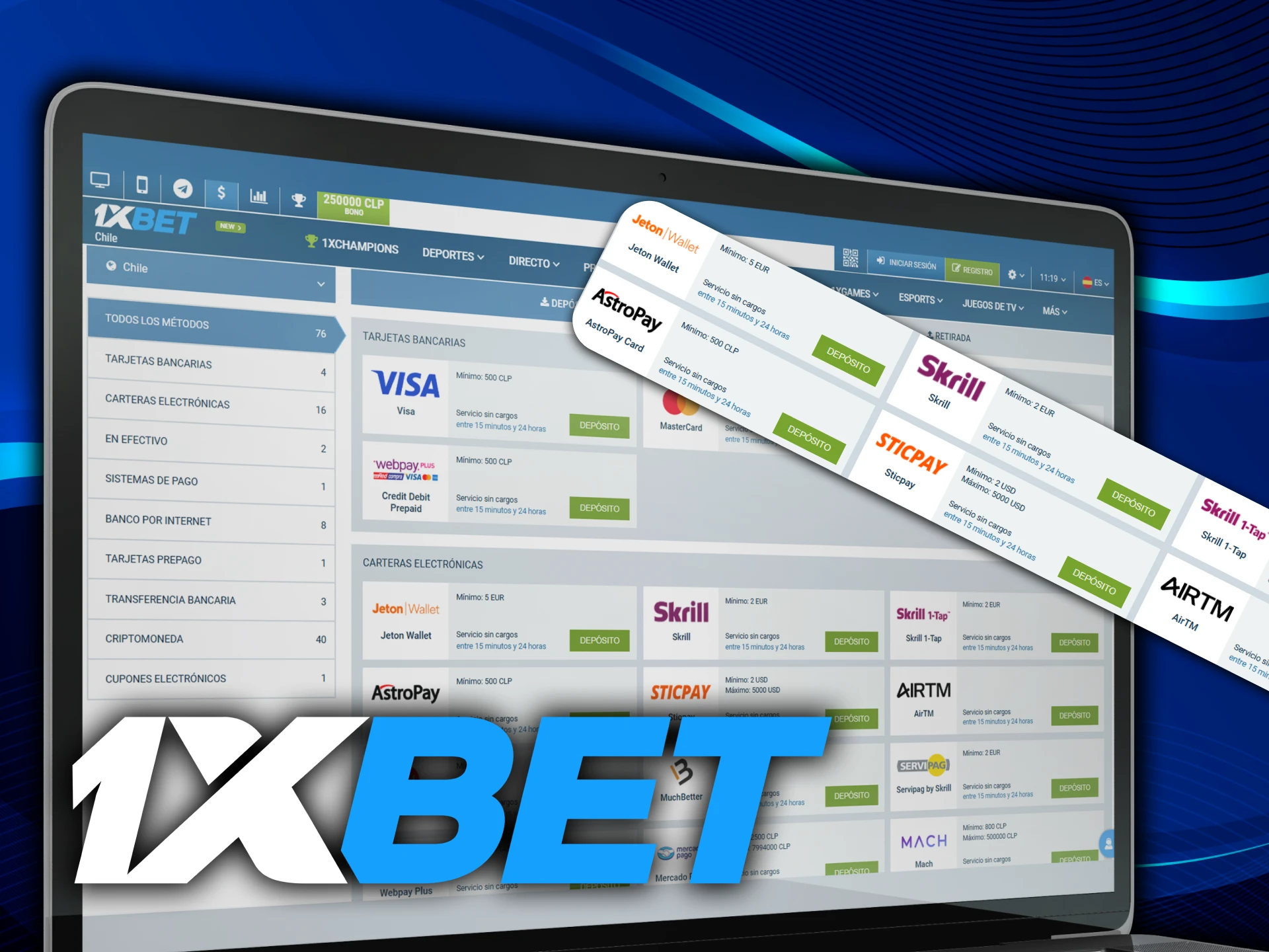 Elija un método de pago conveniente en 1xbet.