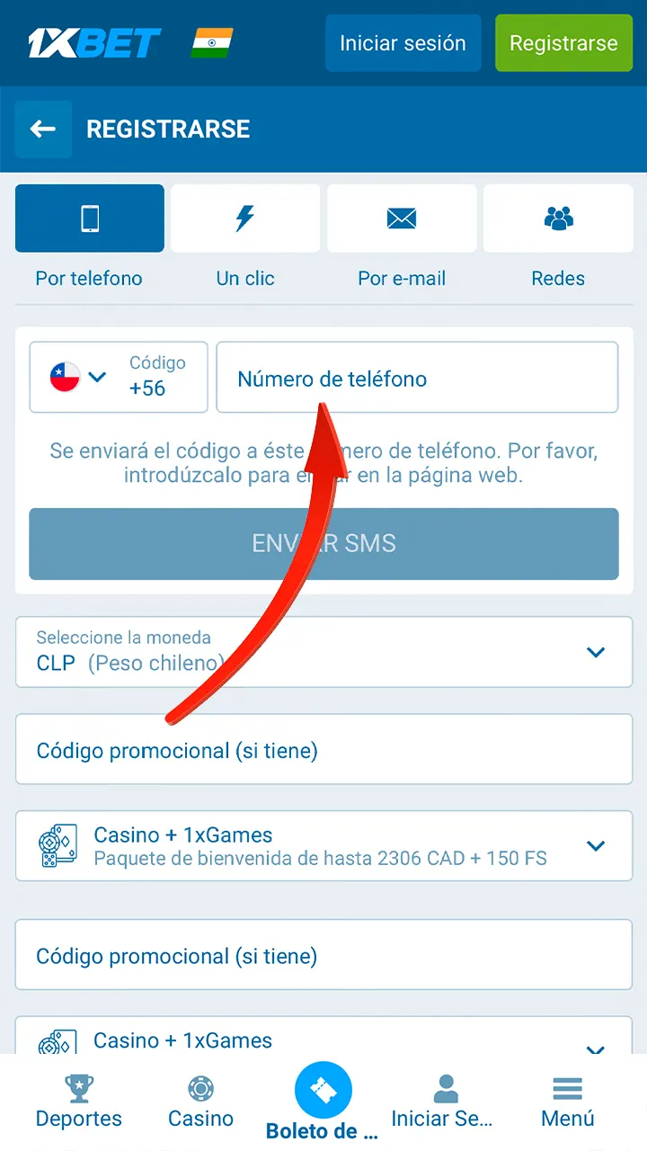 Rellene todos los campos de registro en el sitio web de 1xbet.