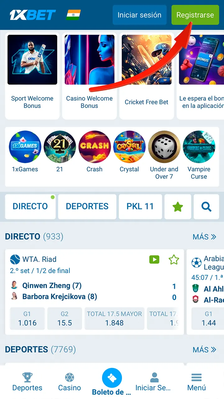 Haga clic en el botón de registro de la página web de 1xbet.