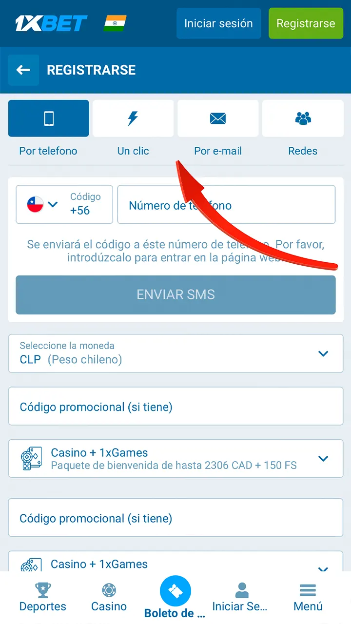 Elija el método de registro en el sitio web de 1xbet.