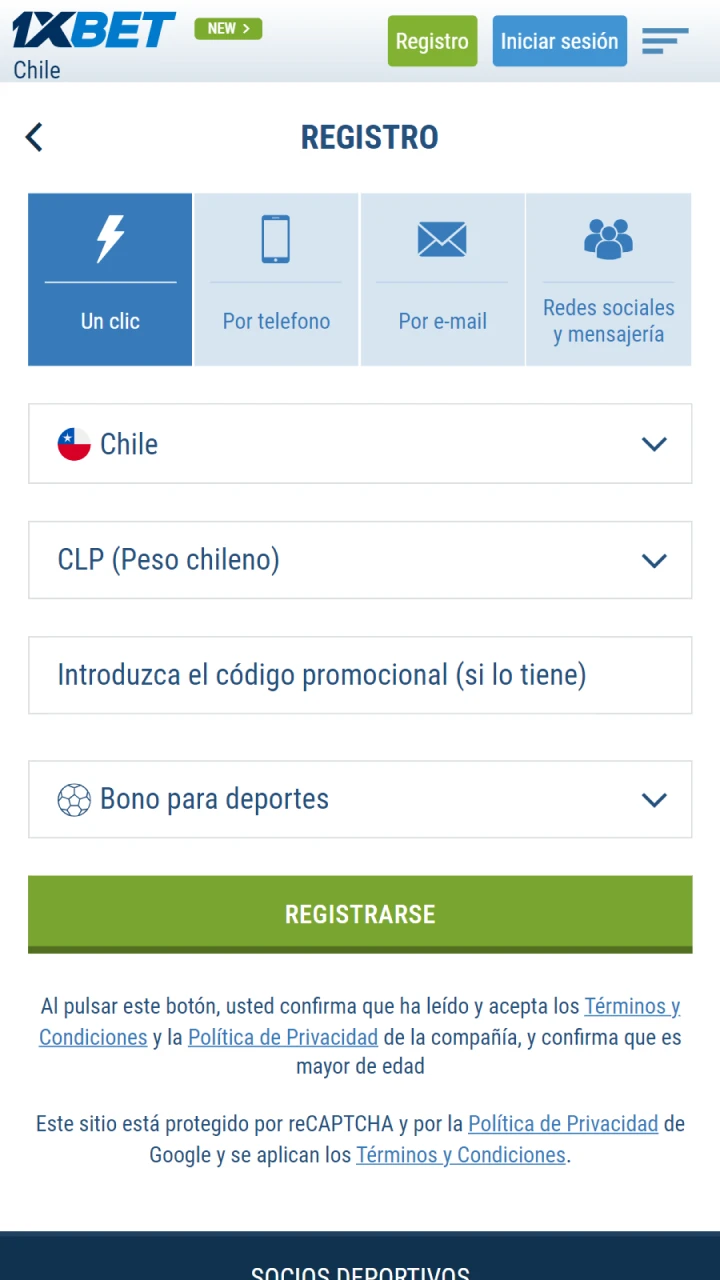 Registro fácil en la aplicación 1xbet.
