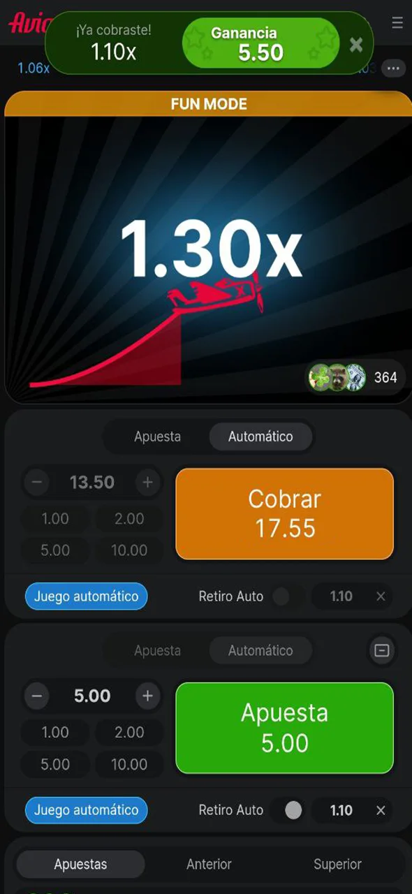 Consulta tus ganancias fácilmente en la interfaz de Aviator en 1xbet.