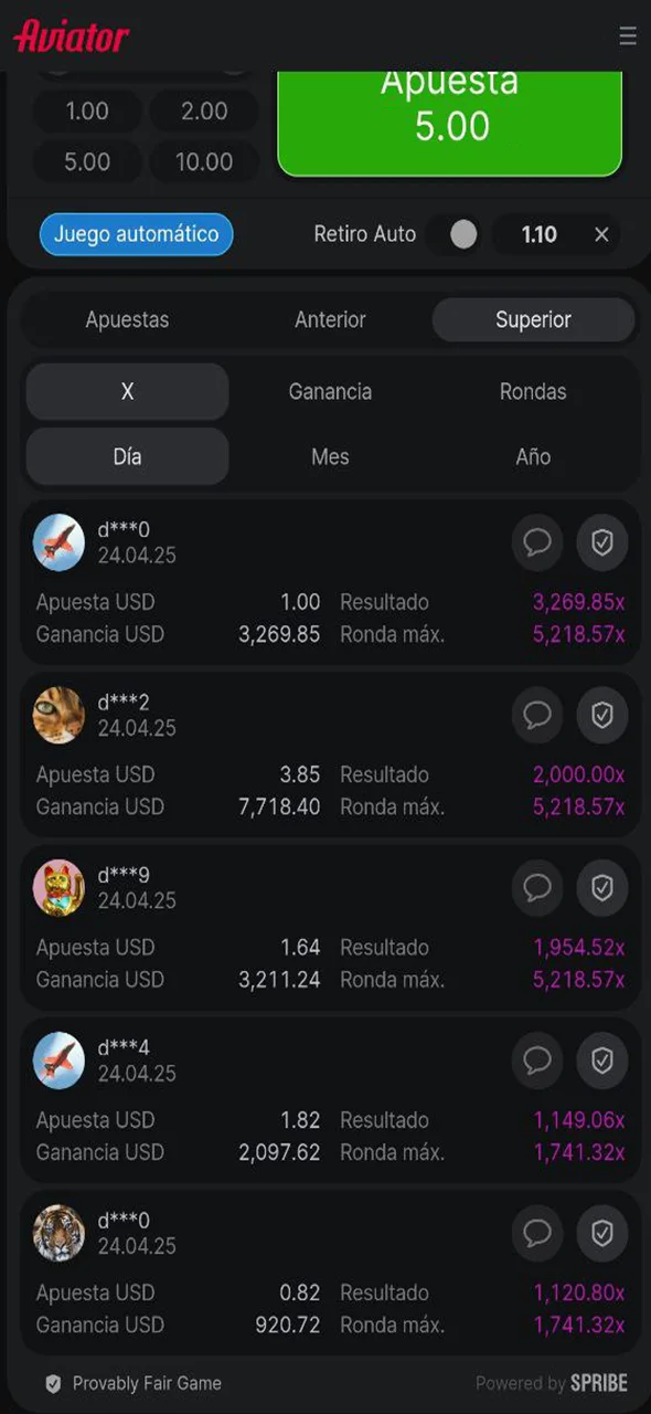 Controla todo desde la parte superior de la interfaz en Aviator 1xbet.