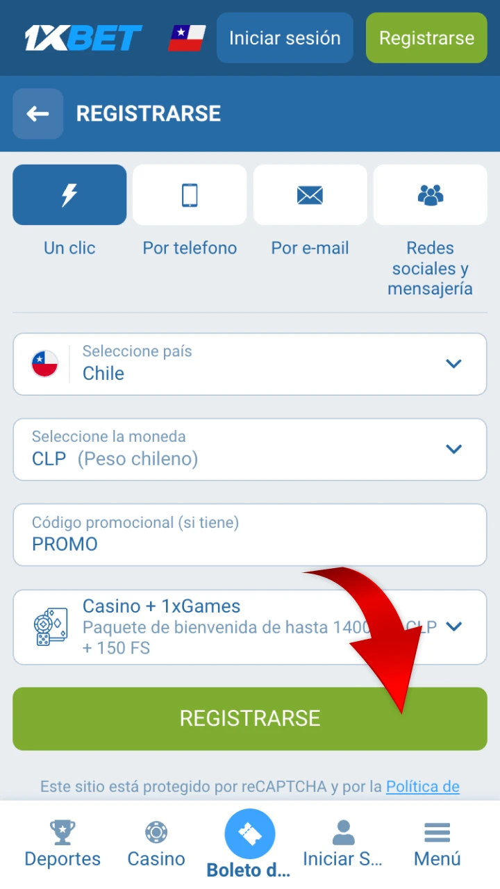 Complete su registro en el sitio web de 1xbet.