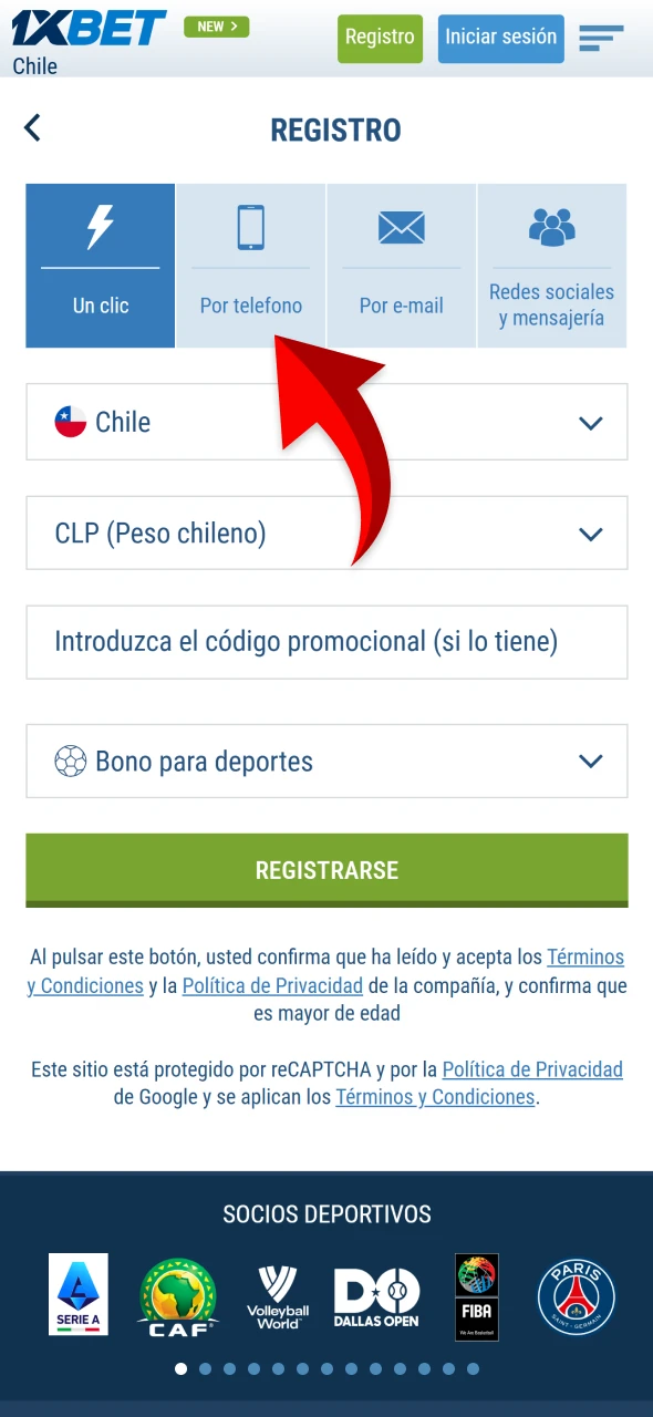 Desde Chile, selecciona un método de registro en 1xBet.