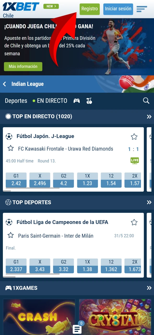 Para registrarte en 1xBet desde Chile, haz clic en Registro.