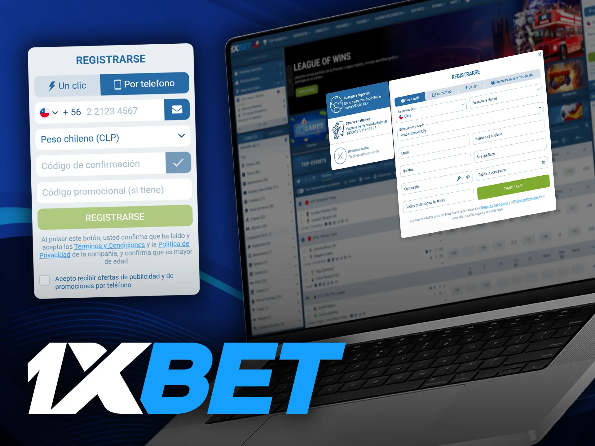 Crea una cuenta en 1xBet con tu correo electrónico, número de teléfono o redes sociales.